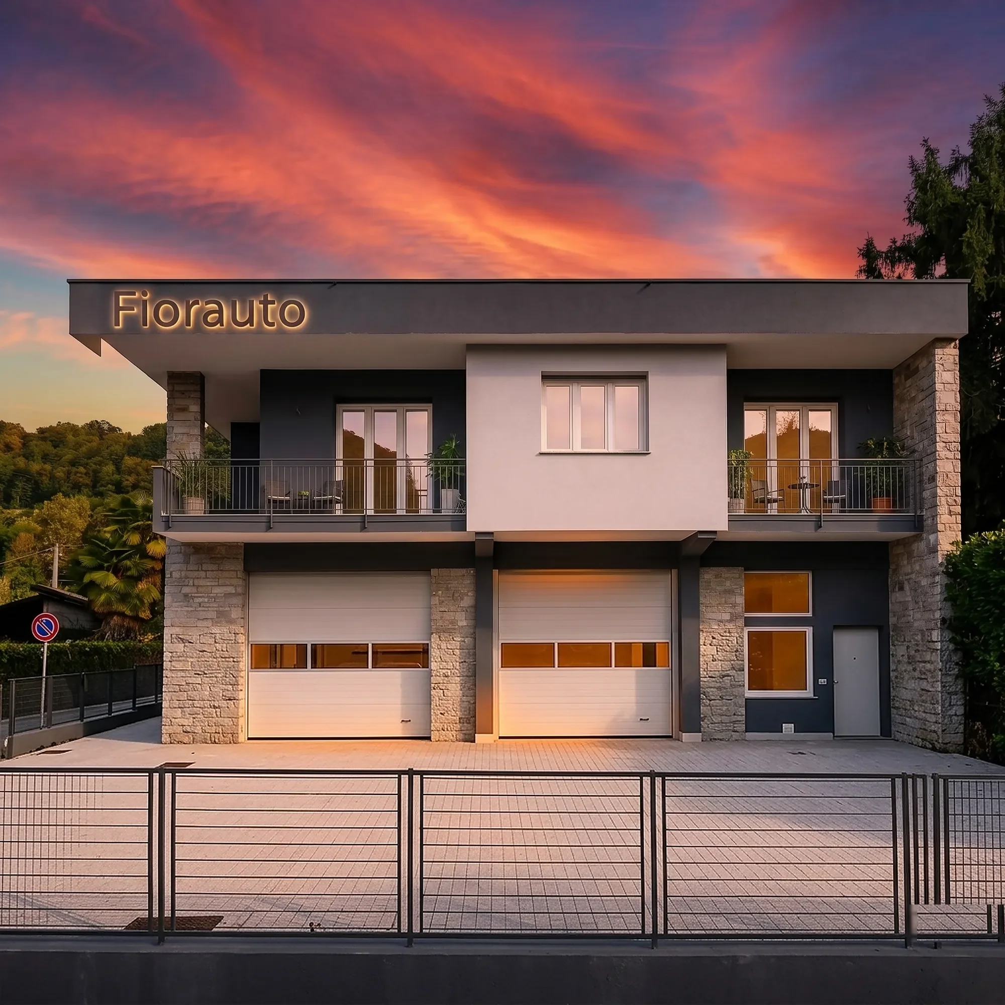 Fiorauto SRL — Facciata officina al tramonto, Lesa