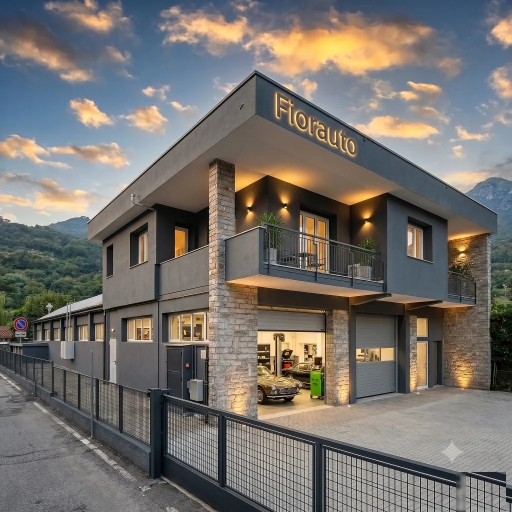 Officina Fiorauto — Vista esterna laterale al tramonto