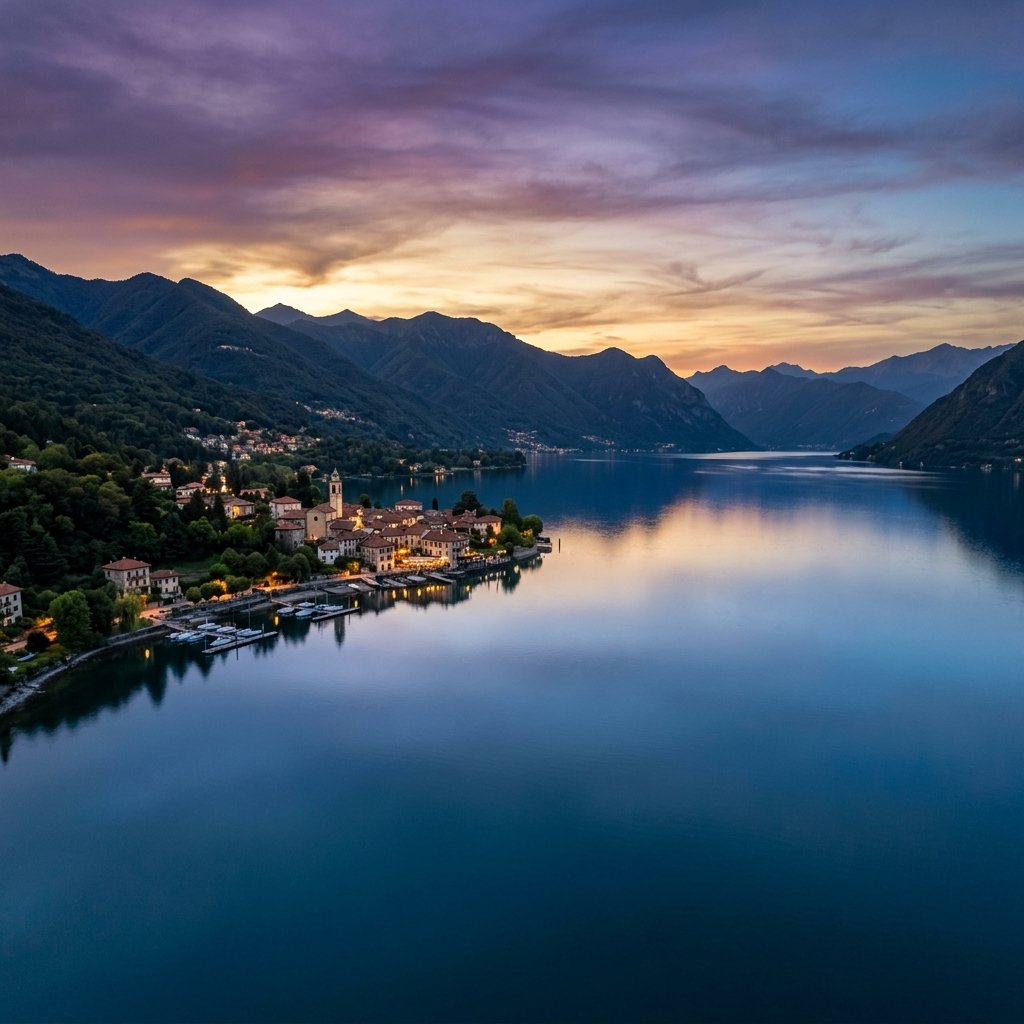 Lago Maggiore al tramonto, vista aerea di Lesa